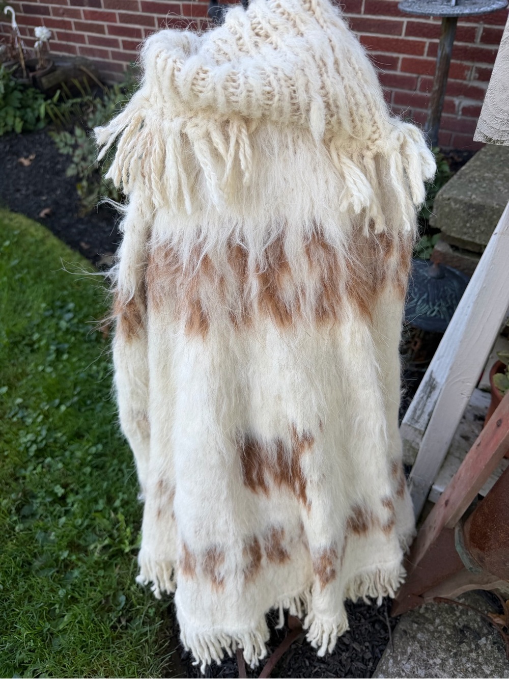 Vintage shaggy hair wool knit poncho southwestern style native